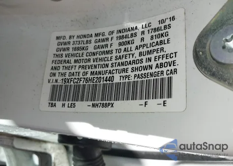 2017 Honda Civic Ex z USA, uszkodzony, nr VIN 19XFC2F76HE201440